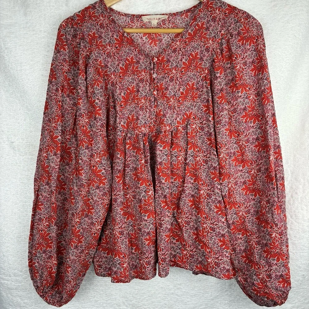 Solitaire Rust Orange Floral Peasant Blouse Balloon Sleeve Boho Top Size L Flaw - Picture 3 of 7